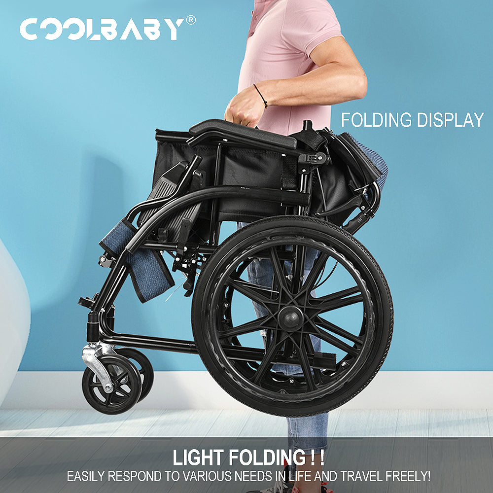 COOLBABY SSZ-LY02 Thick Steel Steel Elderly Wheelchair Foldable Lightweight Elderly Wheelchair Adjustable Legs with Handbrake 24 Inch Solid Wheel - coolbabymalls