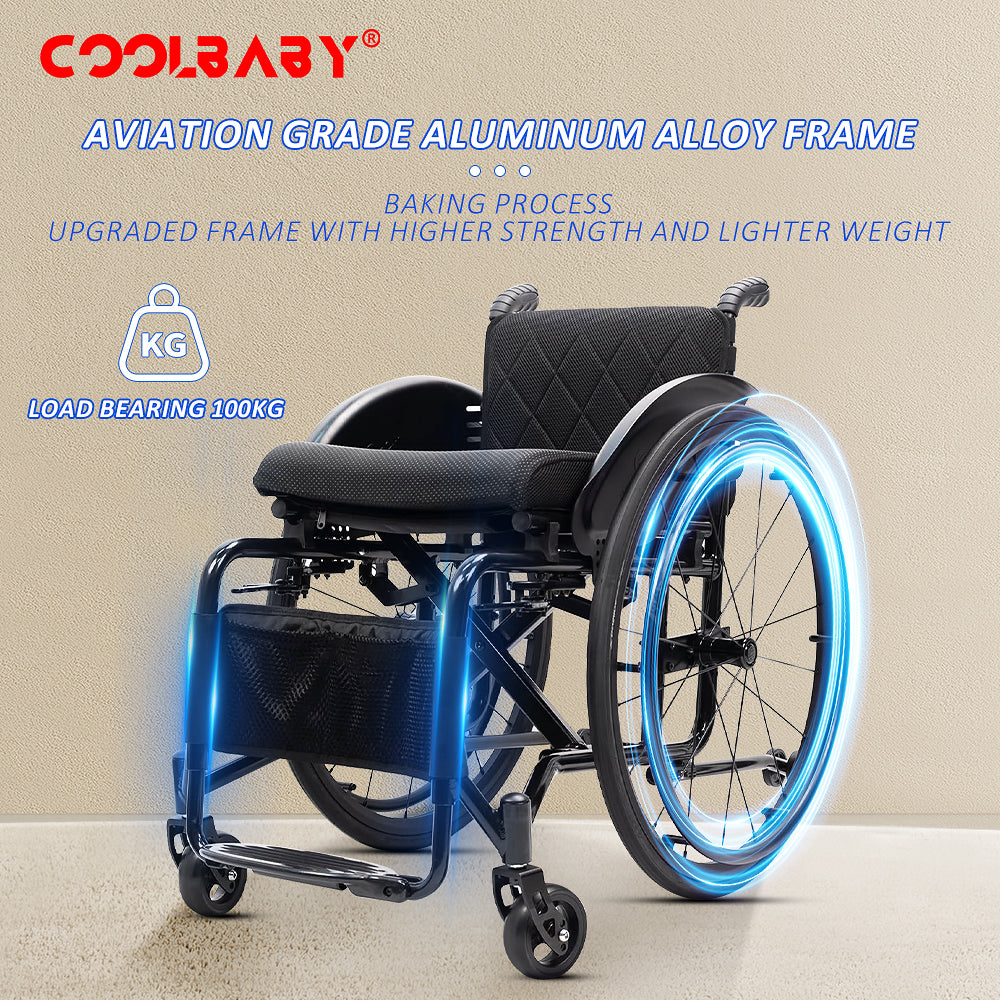 Ultra-Light Sports Wheelchair, Portable Handicapped Competition Trolley, Adjustable Seat Height, An-Ti-Rollback/Shock-Absorbing (Seat Width 44cm)