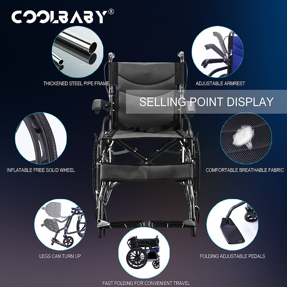 COOLBABY SSZ-LY02 Thick Steel Steel Elderly Wheelchair Foldable Lightweight Elderly Wheelchair Adjustable Legs with Handbrake 24 Inch Solid Wheel - coolbabymalls
