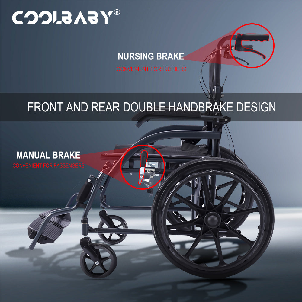 COOLBABY SSZ-LY02 Thick Steel Steel Elderly Wheelchair Foldable Lightweight Elderly Wheelchair Adjustable Legs with Handbrake 24 Inch Solid Wheel - coolbabymalls
