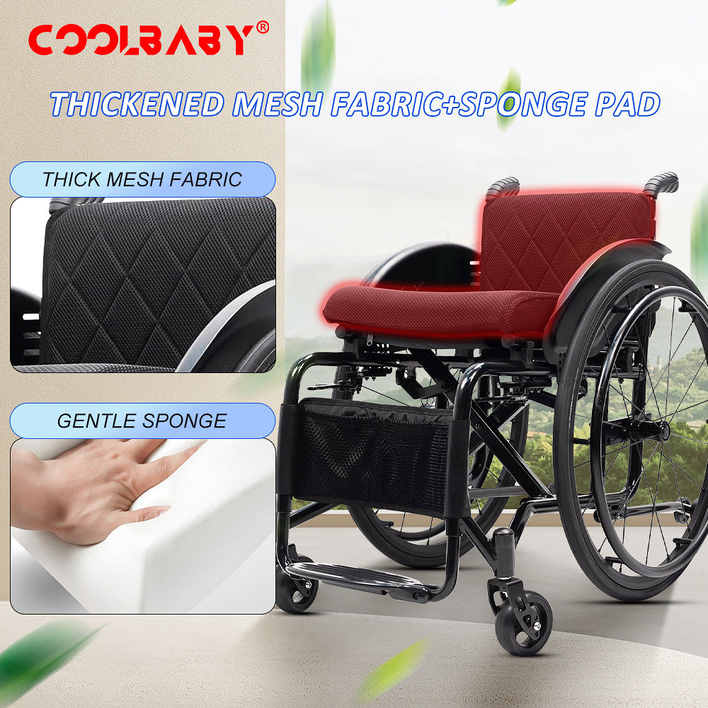 Ultra-Light Sports Wheelchair, Portable Handicapped Competition Trolley, Adjustable Seat Height, An-Ti-Rollback/Shock-Absorbing (Seat Width 44cm)