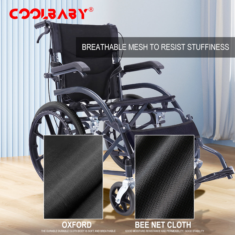 COOLBABY SSZ-LY02 Thick Steel Steel Elderly Wheelchair Foldable Lightweight Elderly Wheelchair Adjustable Legs with Handbrake 24 Inch Solid Wheel - coolbabymalls