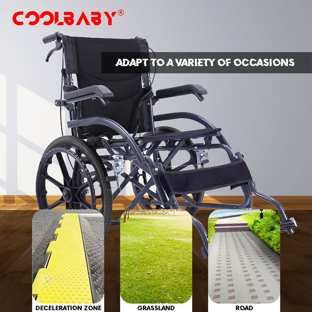 COOLBABY SSZ-LY02 Thick Steel Steel Elderly Wheelchair Foldable Lightweight Elderly Wheelchair Adjustable Legs with Handbrake 24 Inch Solid Wheel - coolbabymalls