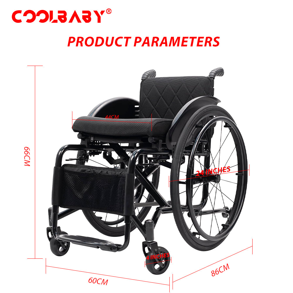 Ultra-Light Sports Wheelchair, Portable Handicapped Competition Trolley, Adjustable Seat Height, An-Ti-Rollback/Shock-Absorbing (Seat Width 44cm)