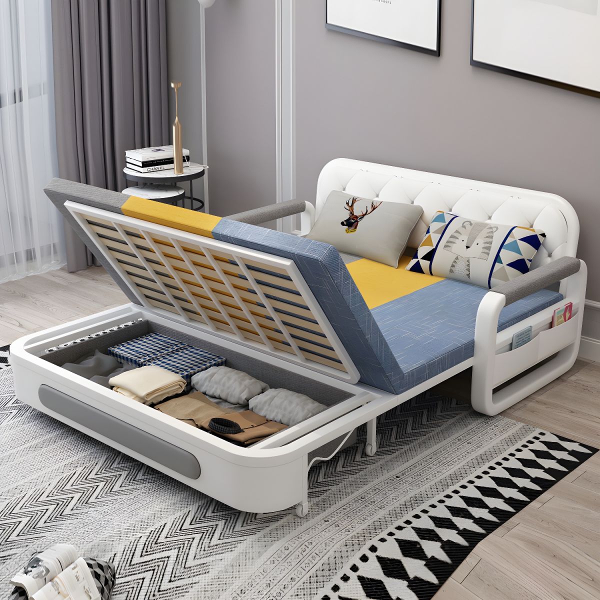 Apartment Furniture Foldable Sofa Bed Storage Modern Folding Adjustable Sofa Bed For Living & Bed Room (Tricolor, Width158cm)