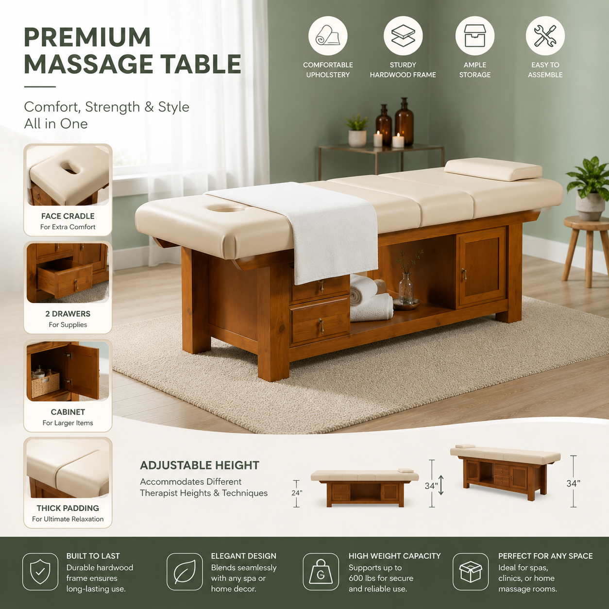 Massage Bed with Drawers – Spa Bed for Professional Massage & Therapy