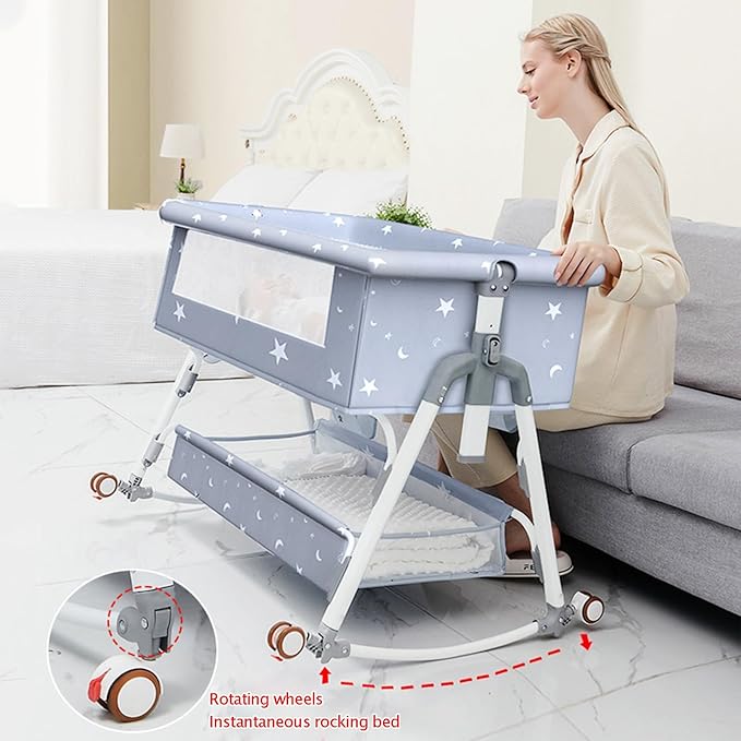 Bedside Crib,Aluminum Alloy Baby Bed Foldable Newborn Baby Bassinet, Adjustable Height