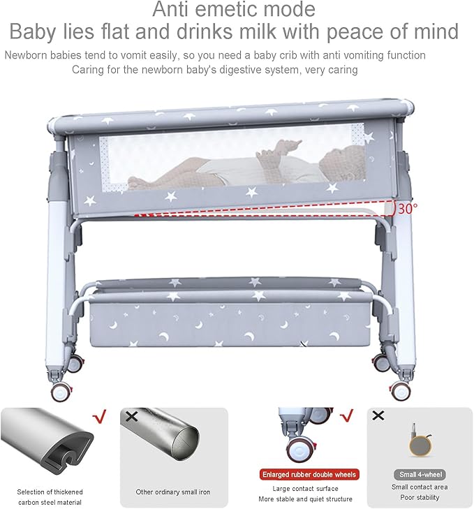 Bedside Crib,Aluminum Alloy Baby Bed Foldable Newborn Baby Bassinet, Adjustable Height