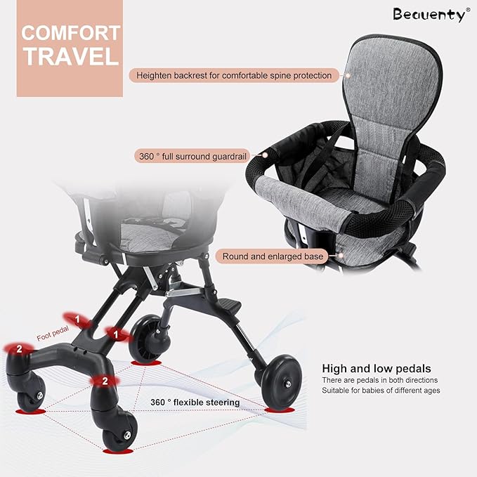 Kids Stroller, Compact Baby Stroller, Lightweight Travel Stroller with Adjustable Handles and Backrest