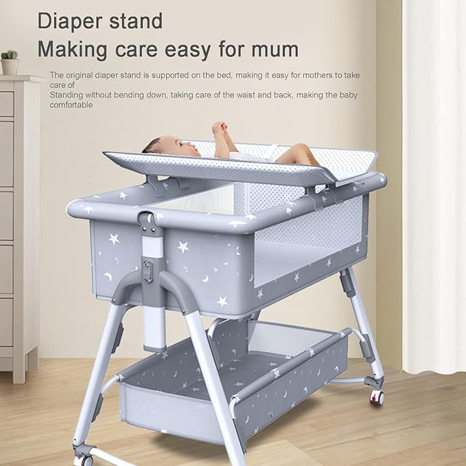 Bedside Crib,Aluminum Alloy Baby Bed Foldable Newborn Baby Bassinet, Adjustable Height