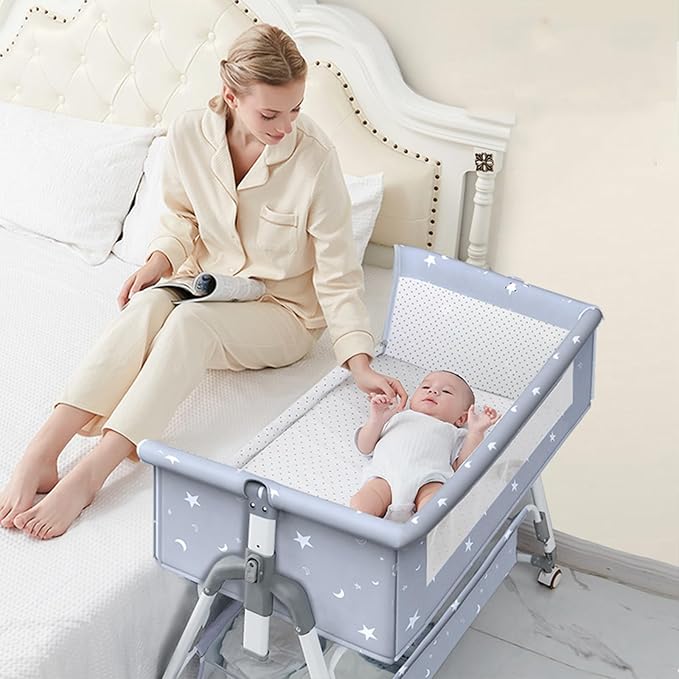 Bedside Crib,Aluminum Alloy Baby Bed Foldable Newborn Baby Bassinet, Adjustable Height