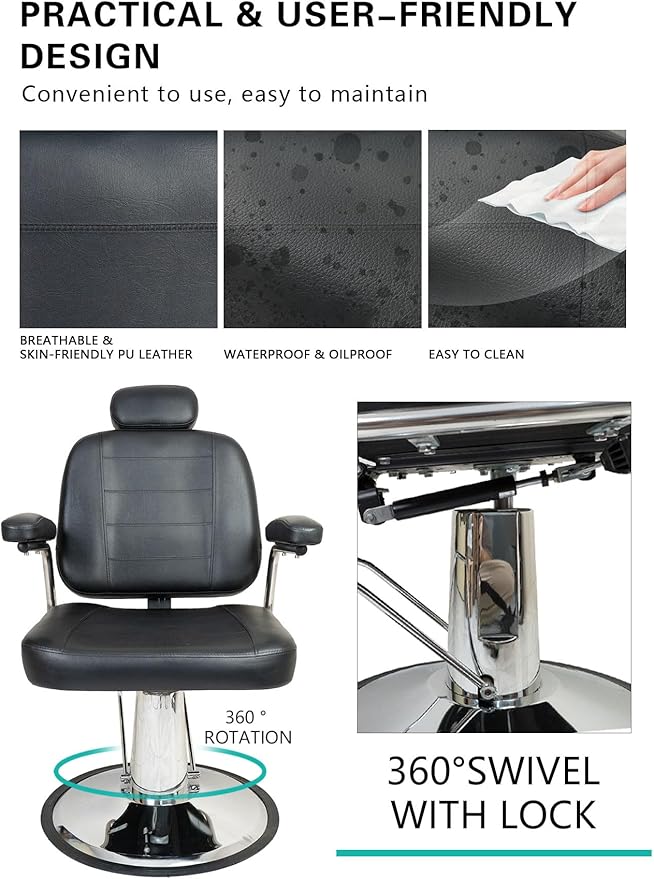 Vintage Salon Chair - 360 Degrees Hydraulic Rolling Barber Chair - Black