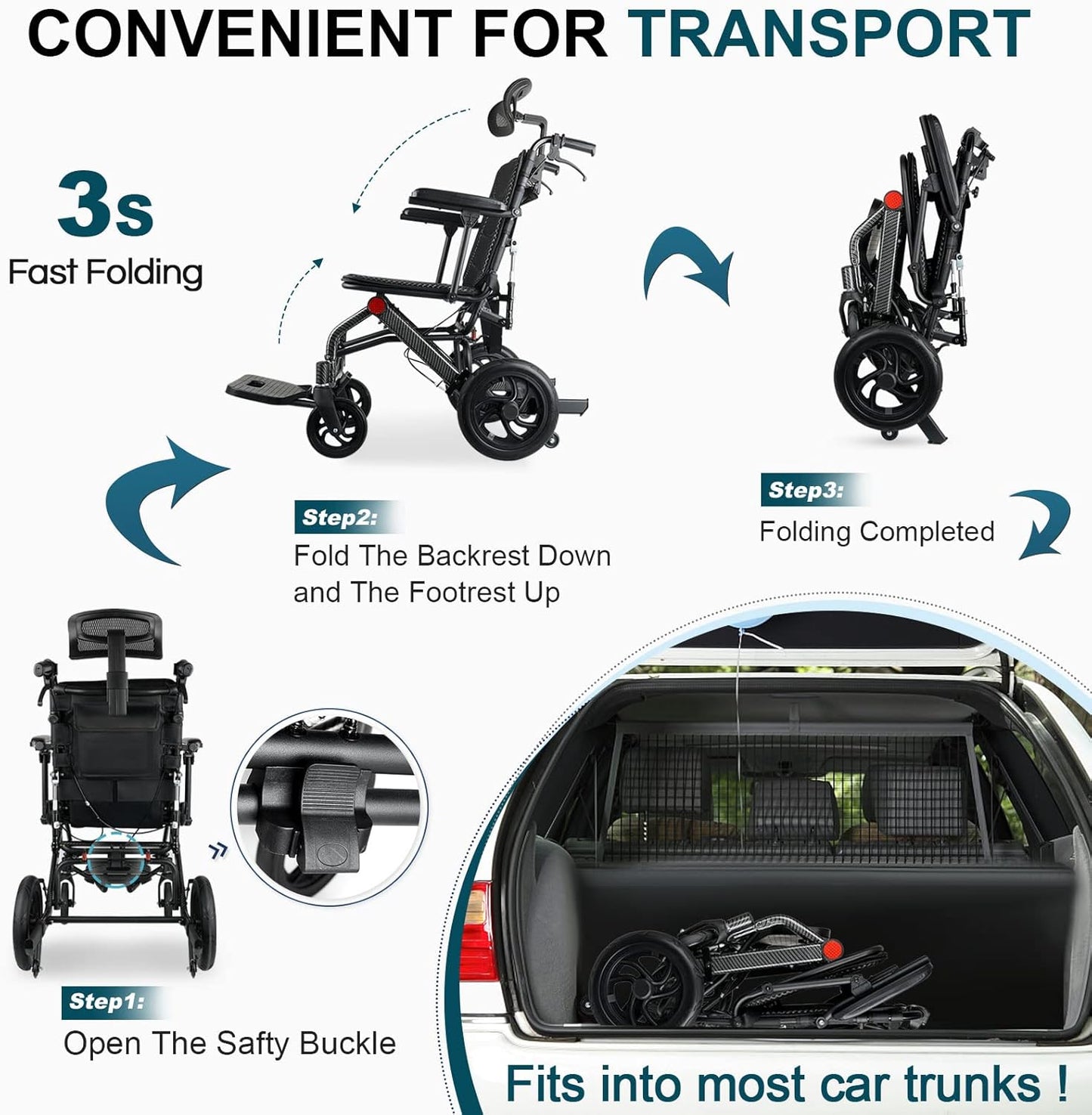 Reclining Folding Wheelchair for Seniors Freestanding Sun Lounger Folding Transport Wheelchair for Recliner Chair Adults