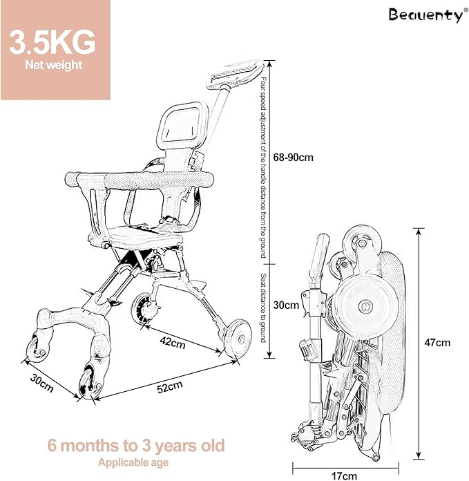 Kids Stroller, Compact Baby Stroller, Lightweight Travel Stroller with Adjustable Handles and Backrest