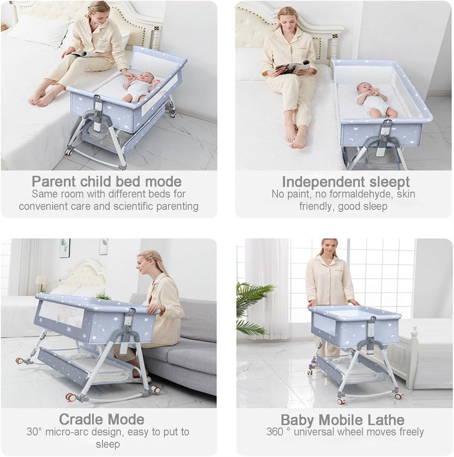 Bedside Crib,Aluminum Alloy Baby Bed Foldable Newborn Baby Bassinet, Adjustable Height