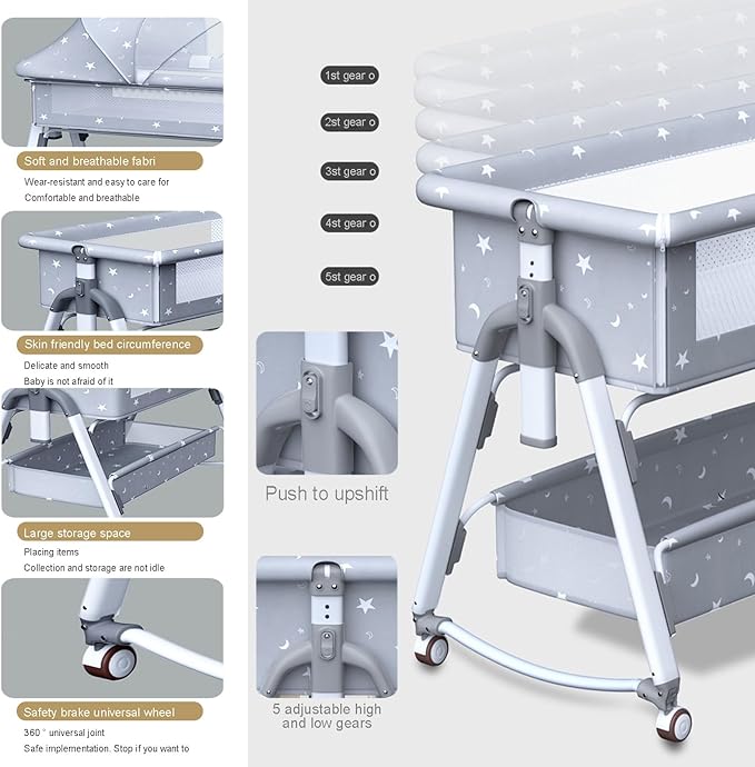 Bedside Crib,Aluminum Alloy Baby Bed Foldable Newborn Baby Bassinet, Adjustable Height