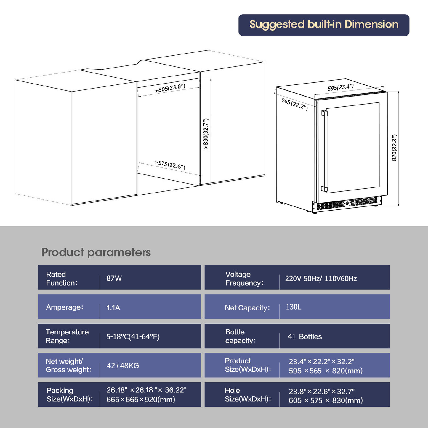 24 Inch Dual Zone Wine Fridge, 41 Bottle Wine Cooler, Right-Hinged