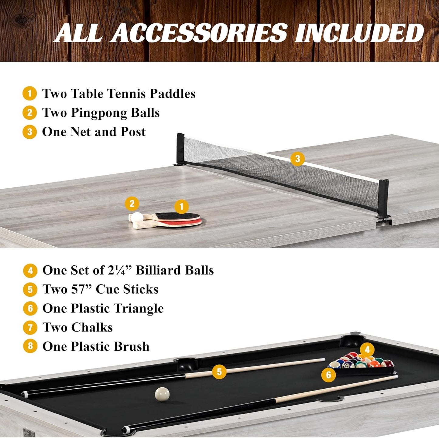 7FT Drop Pocket Billiard Pool Table 3-in-1 Dining Top & Table Tennis with Game Accessories