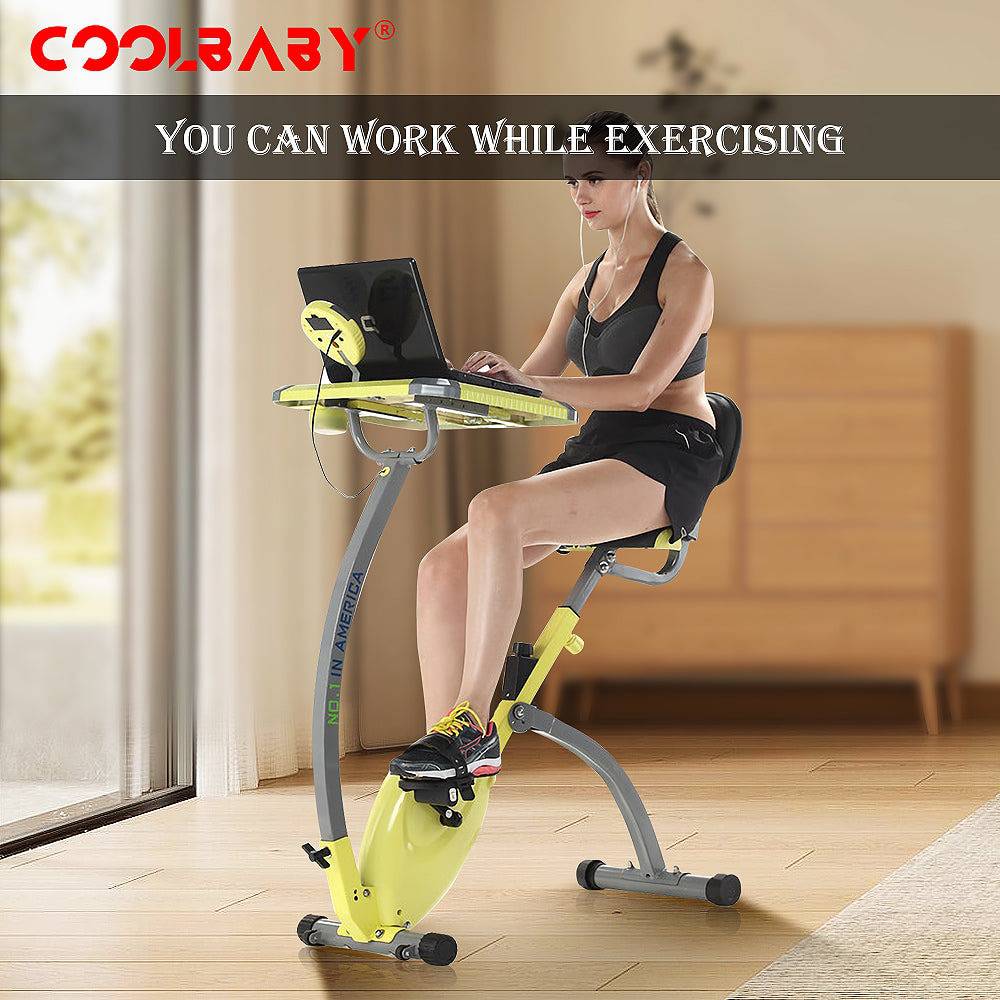 COOLBABY Home Exercise Bike, Super Quiet, Two-way Folding, Magnetic Control, Spinning Bike, With a Computer Desk - COOLBABY