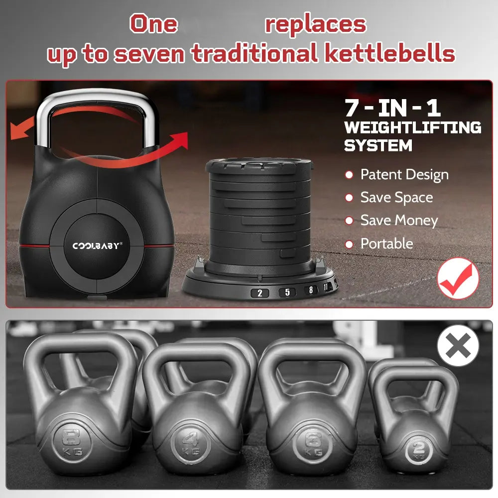 COOLBABY 20KG Adjustable Kettlebell,7-in-1 Weightlifting System 2KG-20KG,Adjustable Kettlebell for Home,Office,GYM,Black