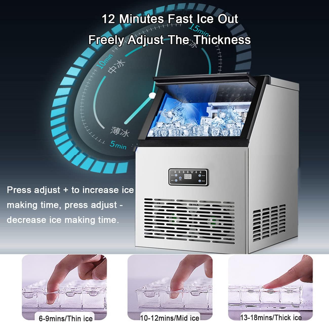 Commercial Ice Maker Machine, Automatic Ice Cube Maker with Blue LED Lighting, 60kg / 24H, LCD Display, Self-Cleaning, 11.5kg Ice Capacity, for Bar - COOLBABY