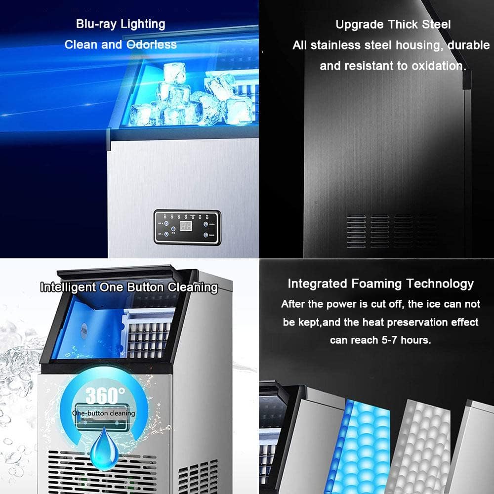 Commercial Ice Maker Machine, Automatic Ice Cube Maker with Blue LED Lighting, 60kg / 24H, LCD Display, Self-Cleaning, 11.5kg Ice Capacity, for Bar - COOLBABY