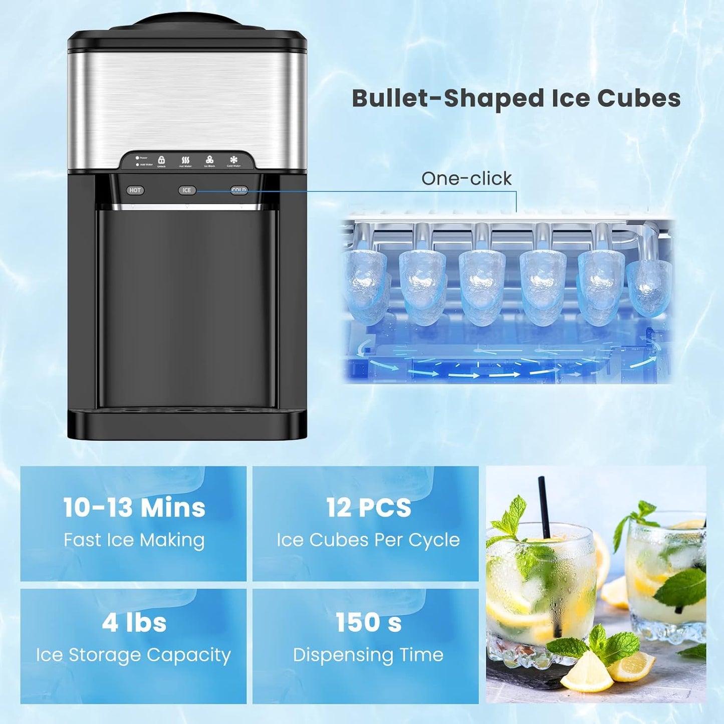 COOLBABY Water Dispenser Countertop, Cold & Hot Countertop Water Dispenser with Ice Maker, 12 Cubes/8Mins,Stainless Steel Construction - COOLBABY