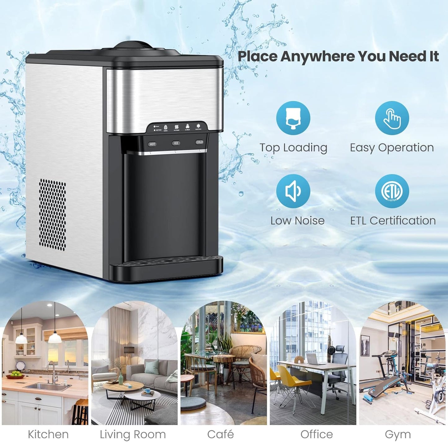 COOLBABY Water Dispenser Countertop, Cold & Hot Countertop Water Dispenser with Ice Maker, 12 Cubes/8Mins,Stainless Steel Construction - COOLBABY