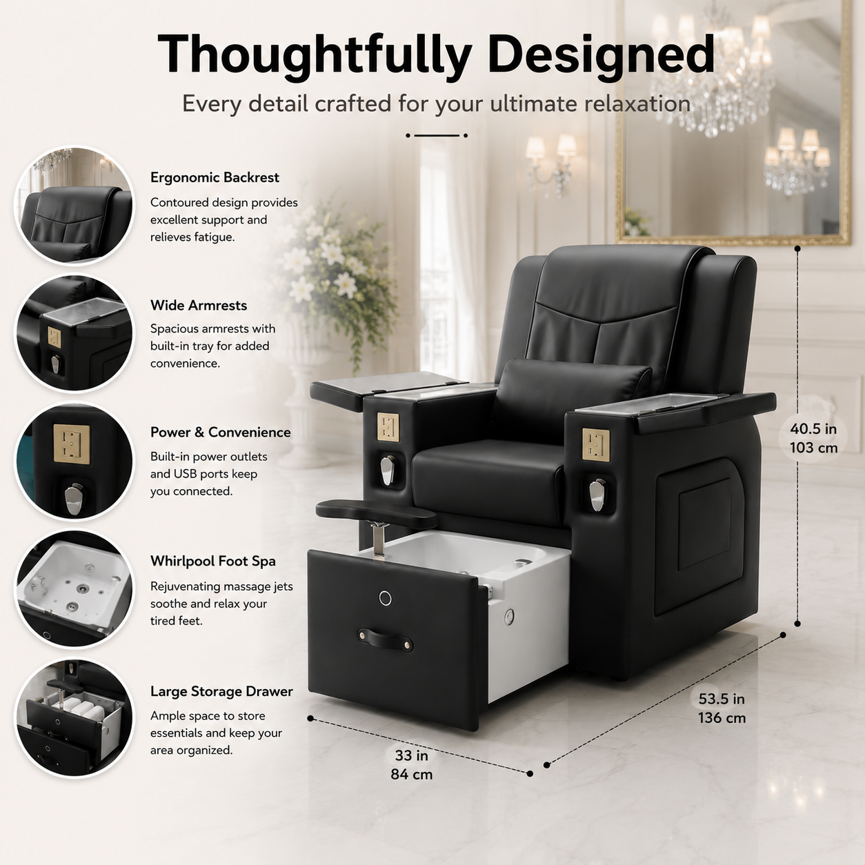 Multi-Functional Black Pedicure & Manicure Massage Chair with Pull-Out Foot Bath – Professional Spa & Salon Equipment