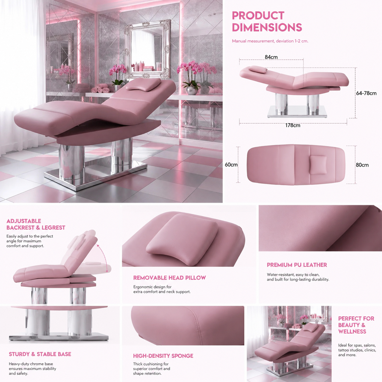 Electric Pink Massage & Treatment Bed – Adjustable Spa Bed with Cushion