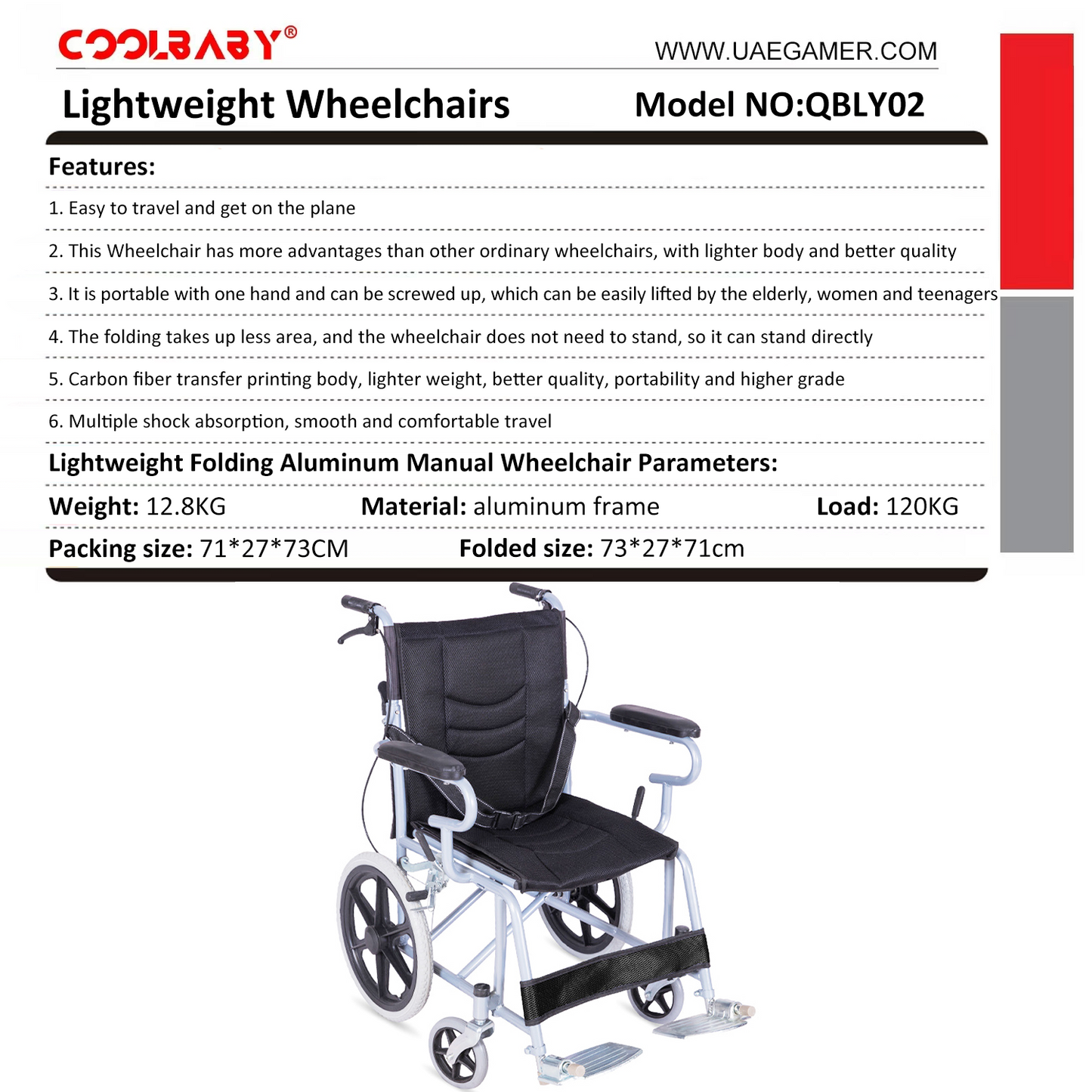 COOLBABY QBLY02: Foldable Lightweight Wheelchair for Elderly and Disabled with Handbrakes - Enhanced Mobility!