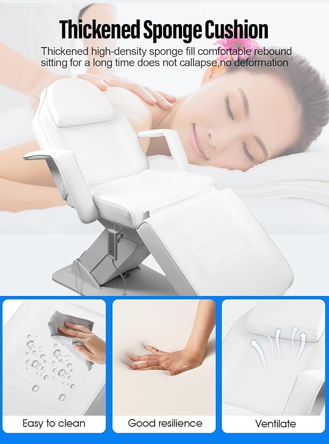 Beauty Full Electrical, 4 Motor Massage Bed & 3 Section Foldable Table Chair Facial Massage, Adjustable Bed - White