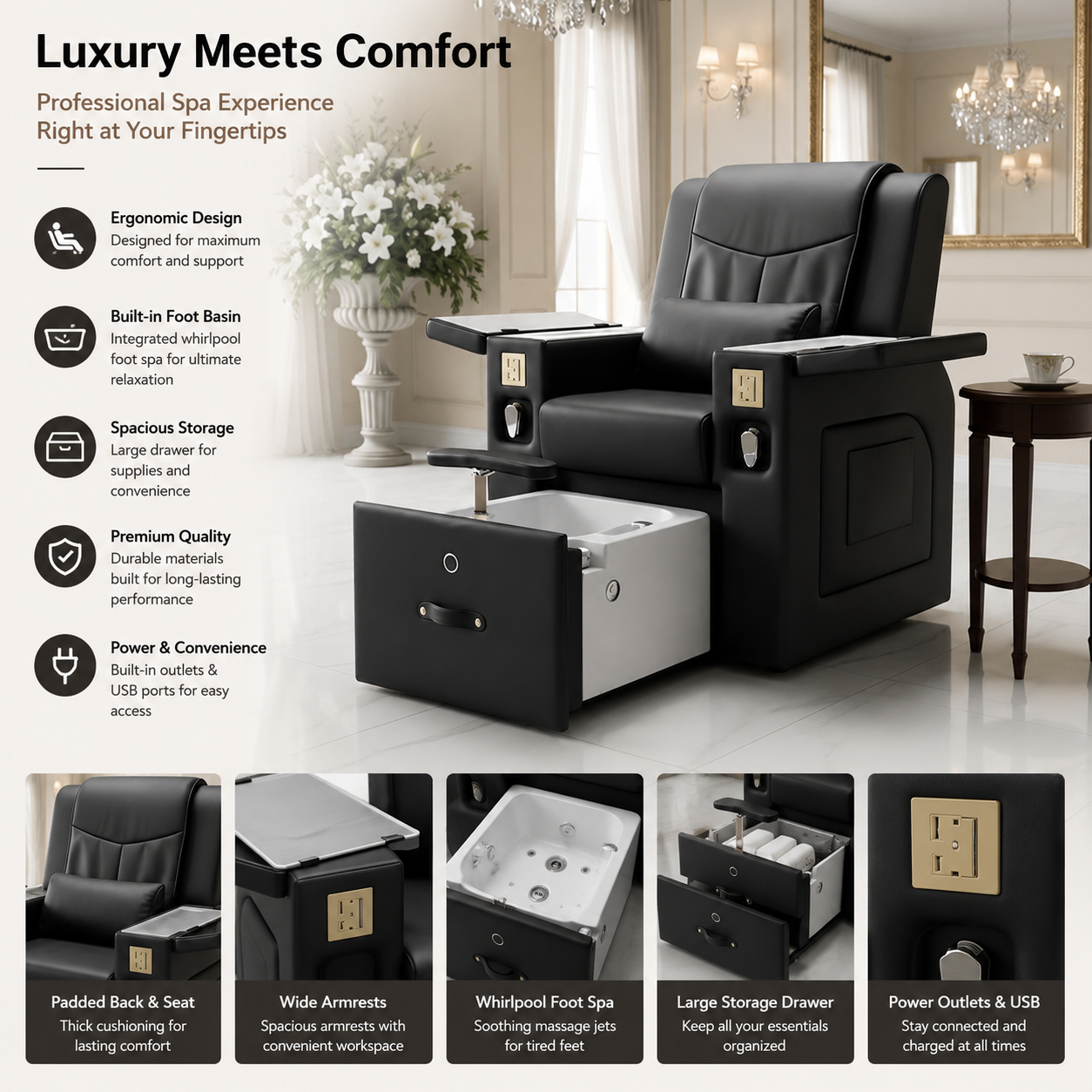 Multi-Functional Black Pedicure & Manicure Massage Chair with Pull-Out Foot Bath – Professional Spa & Salon Equipment