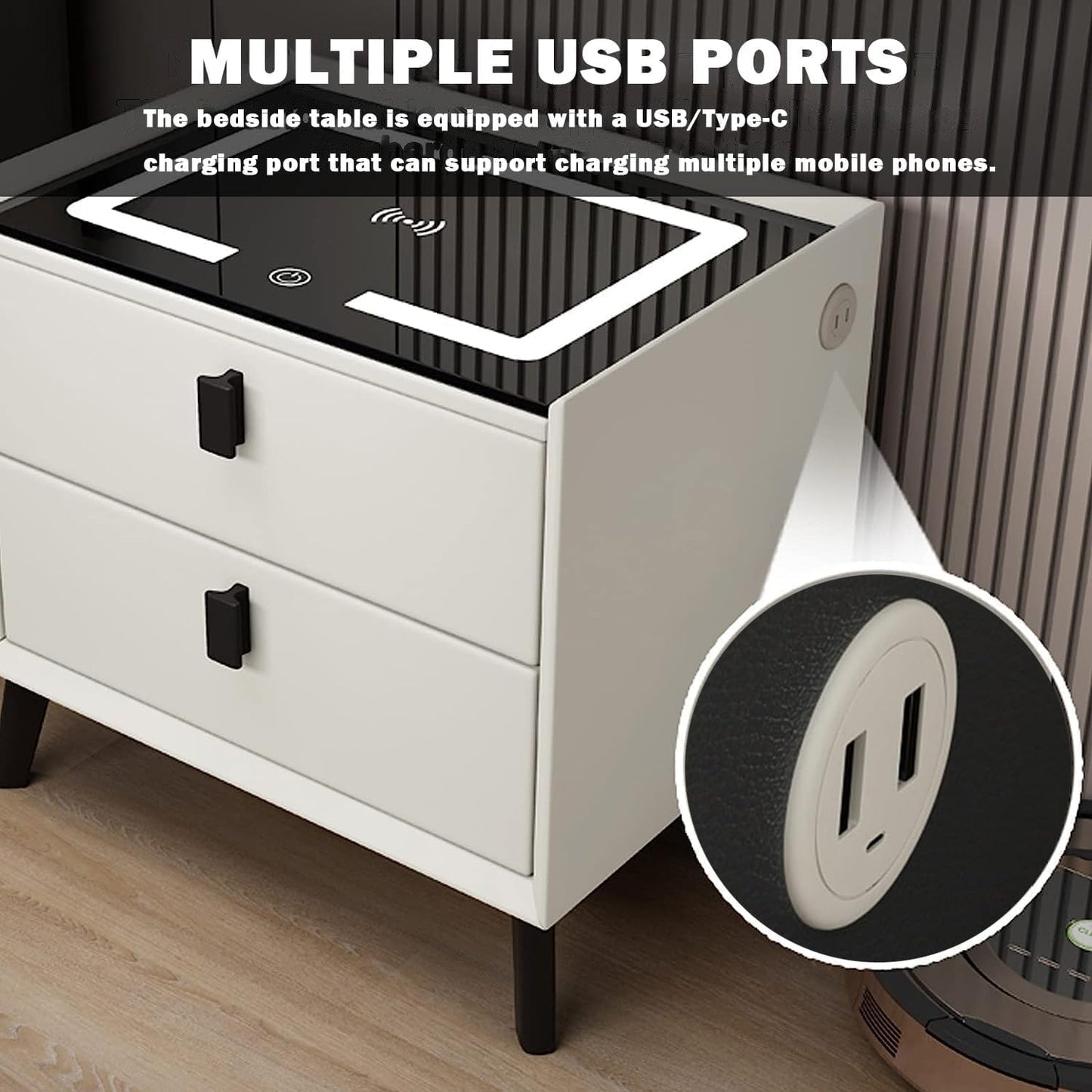 Smart Nightstand, Bedside Table Multifunctional Side Table with Wireless Charging USB Port and Type-C Port, Adjustable LED Light, 2 Storage Drawers for Home Living Room Bedroom Hotel Office