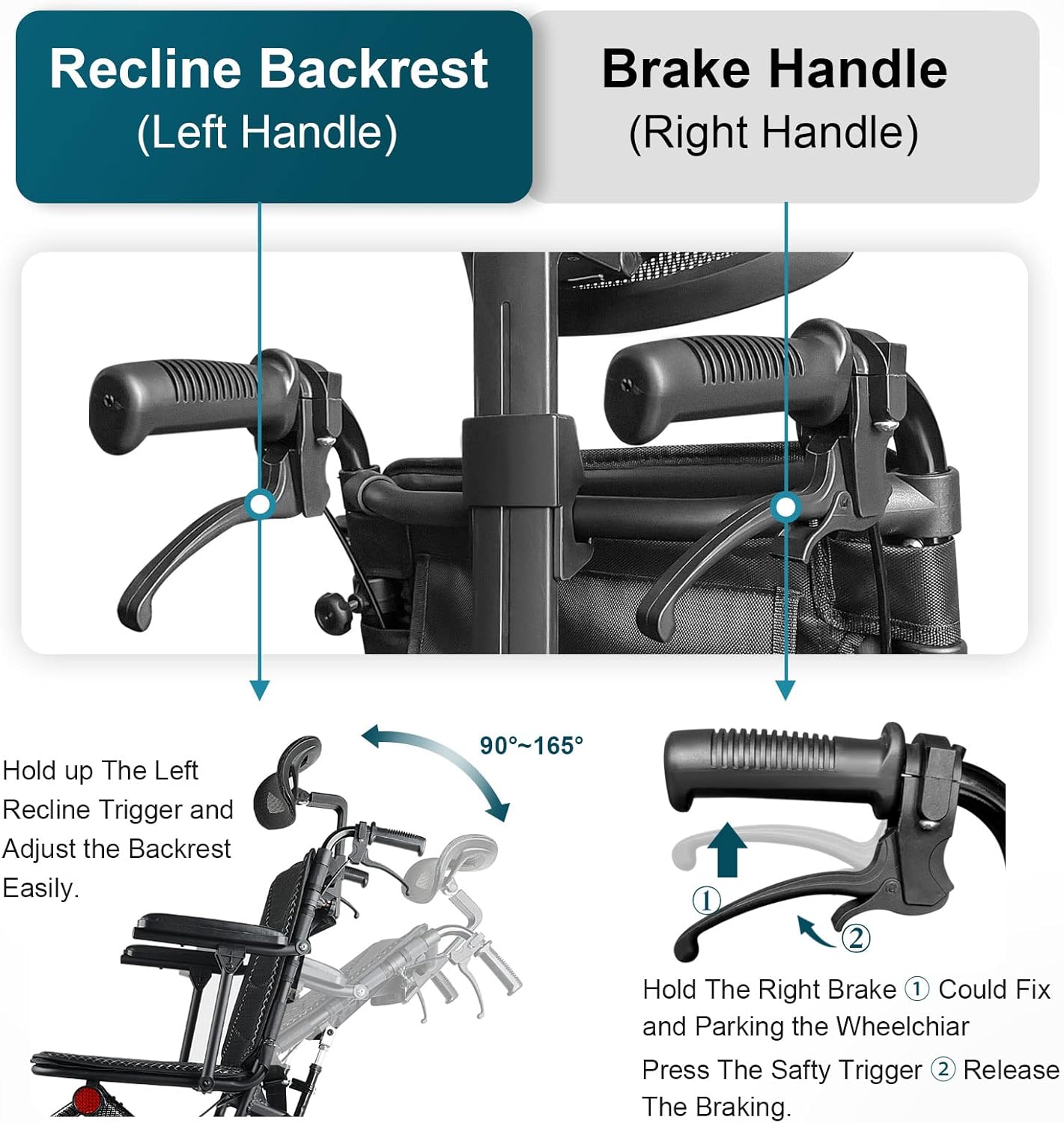 Reclining Folding Wheelchair for Seniors Freestanding Sun Lounger Folding Transport Wheelchair for Recliner Chair Adults