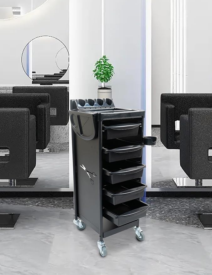 Shelves Trolley Cart with Tray on the Lower Top Layer for Salon & Spa - Black