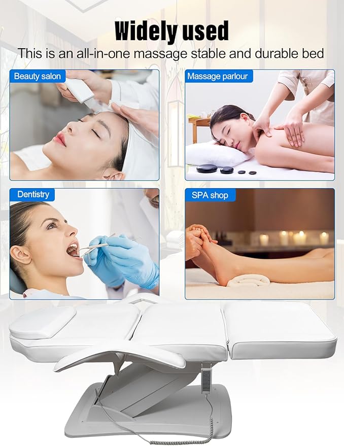 Beauty Full Electrical, 4 Motor Massage Bed & 3 Section Foldable Table Chair Facial Massage, Adjustable Bed - White