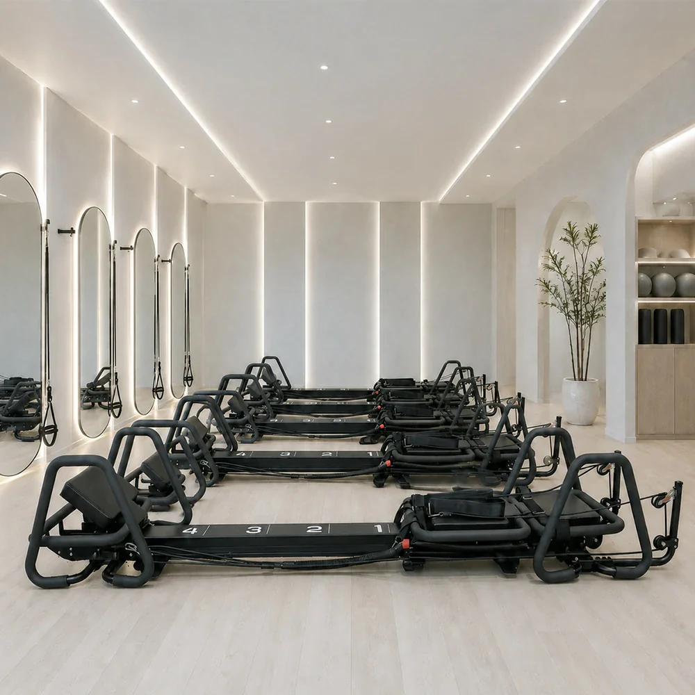 Black Aluminum Pilates Reformer Machine for Fitness Clubs Studio Use and Home Training