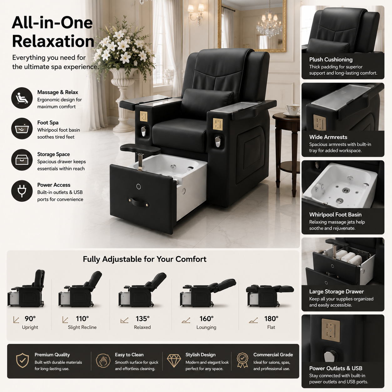 Multi-Functional Black Pedicure & Manicure Massage Chair with Pull-Out Foot Bath – Professional Spa & Salon Equipment