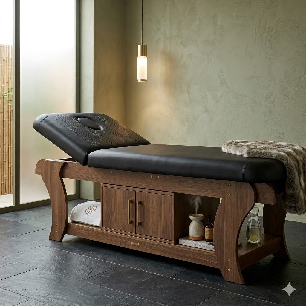 Professional Wooden Facial & Massage Bed – Light Brown Spa Treatment Bed with Storage Drawers
